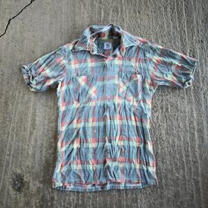 VINTAGE 80S UNICORN FADED PLAID SHORT SLEEVE FLANNEL BUTTON UP SHIRT MENS SMALL